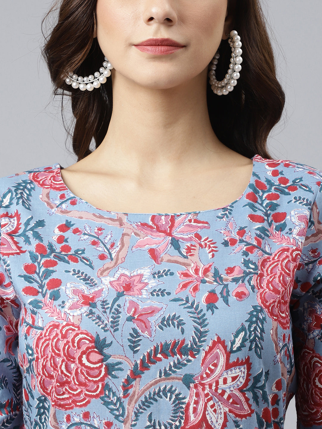 Janasya Women's Sky Blue Cotton Floral Printed Flared Western Dress | Swadesiicart