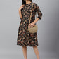 Janasya Women's Black Cotton Floral Printed Flared Western Dress | Swadesiicart