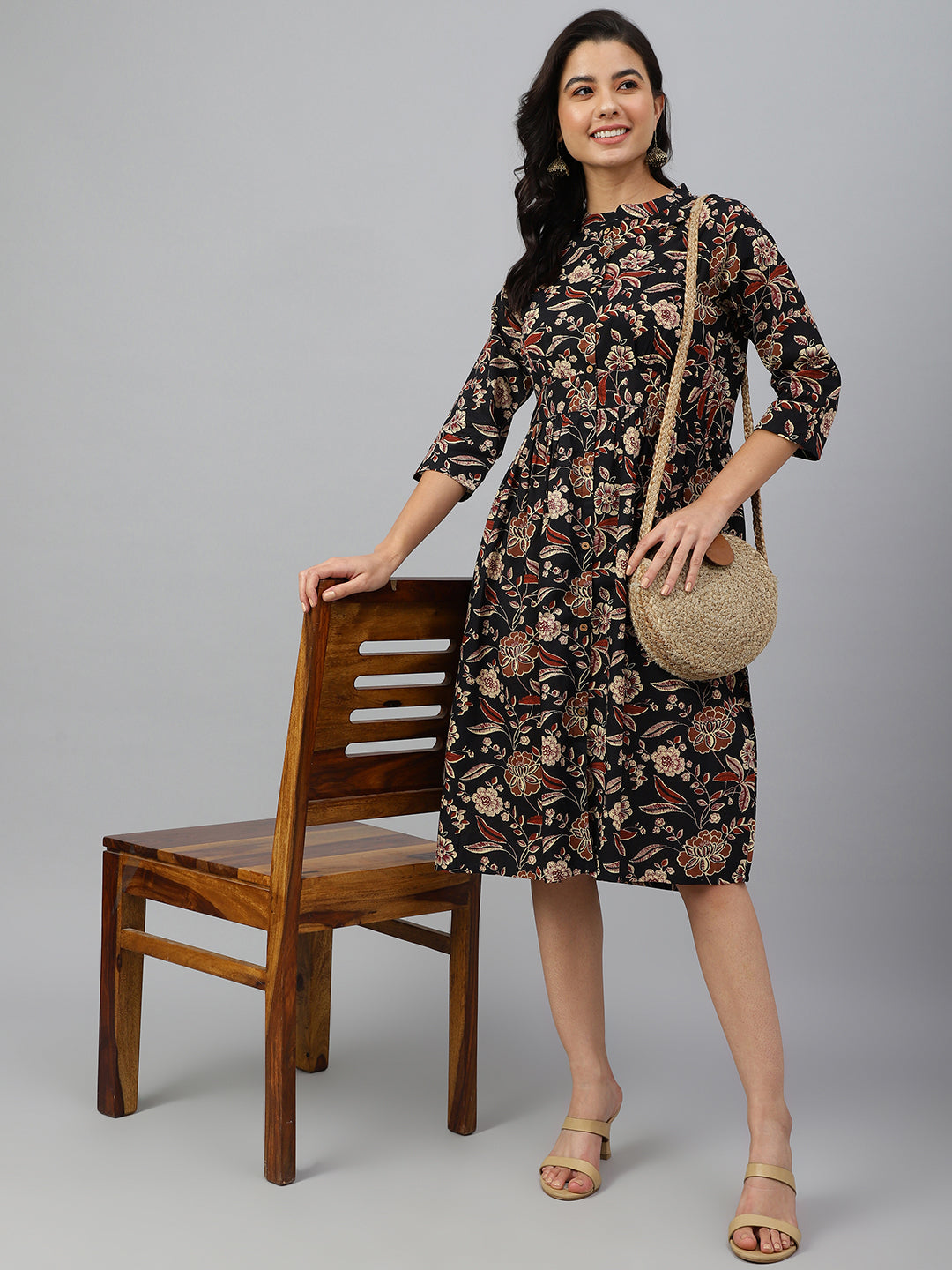 Janasya Women's Black Cotton Floral Printed Flared Western Dress | Swadesiicart