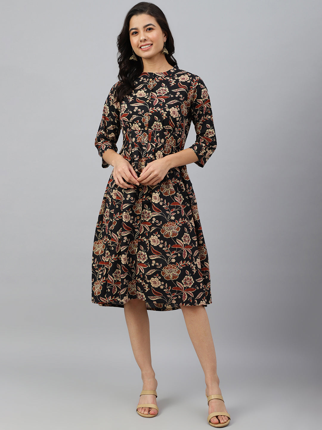 Janasya Women's Black Cotton Floral Printed Flared Western Dress | Swadesiicart