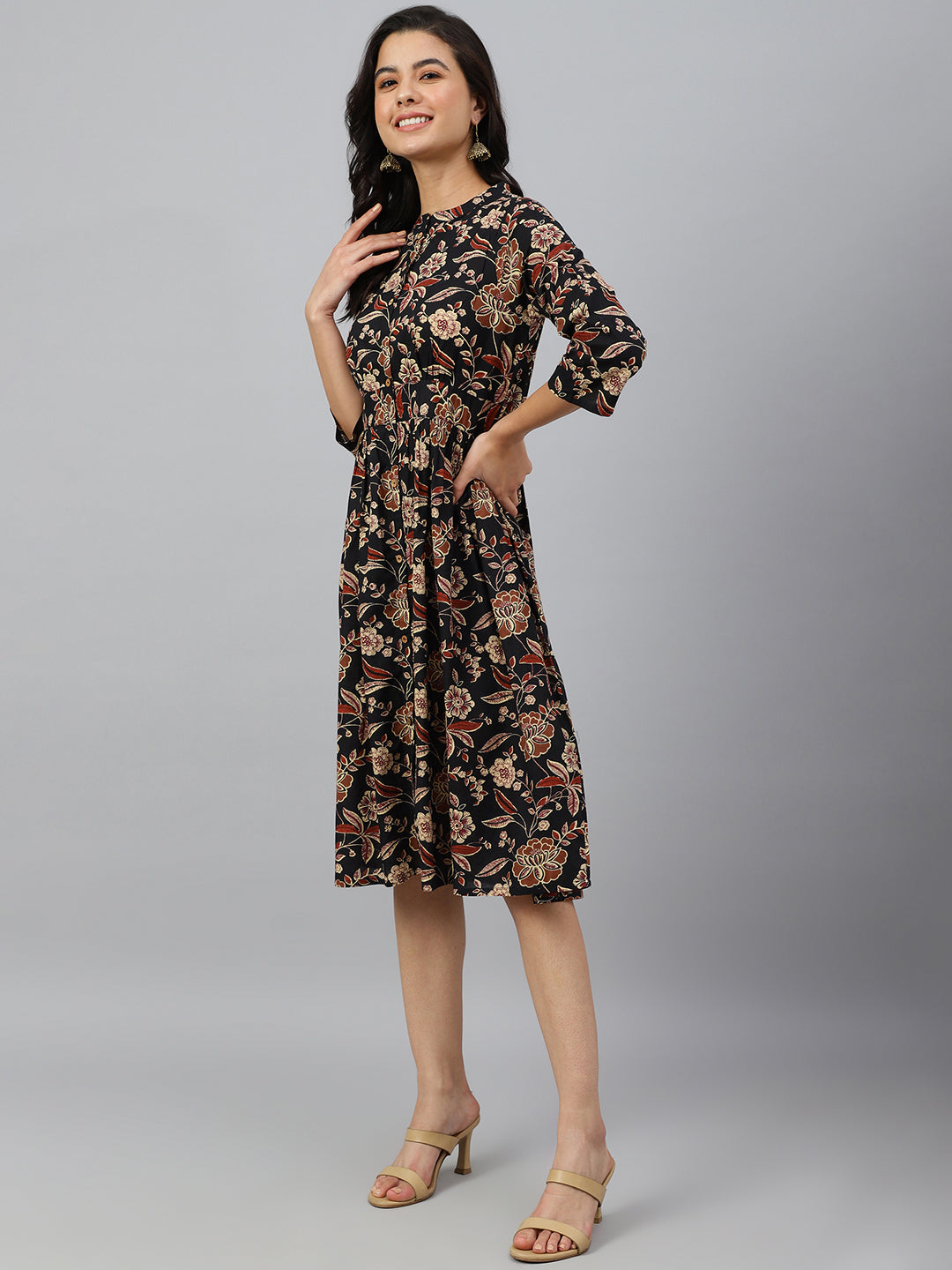 Janasya Women's Black Cotton Floral Printed Flared Western Dress | Swadesiicart