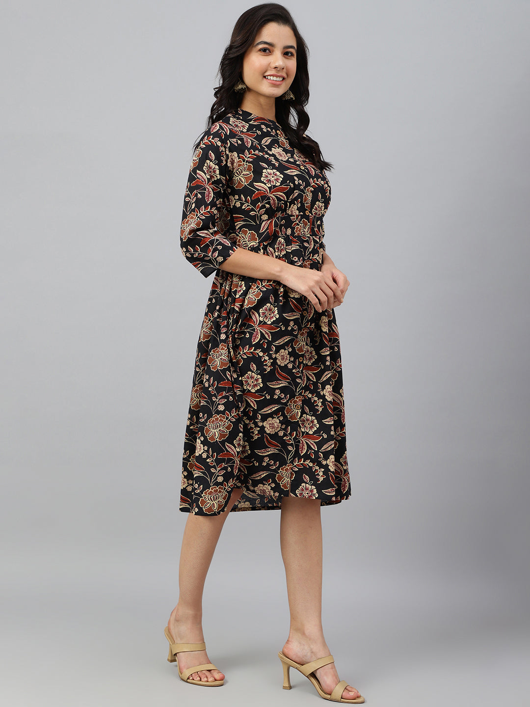 Janasya Women's Black Cotton Floral Printed Flared Western Dress | Swadesiicart
