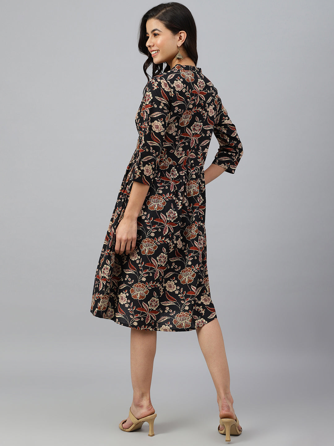 Janasya Women's Black Cotton Floral Printed Flared Western Dress | Swadesiicart