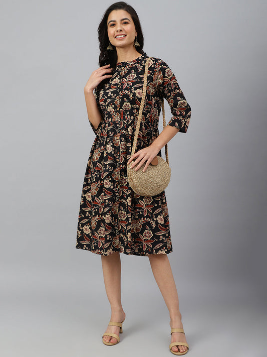 Janasya Women's Black Cotton Floral Printed Flared Western Dress | Swadesiicart