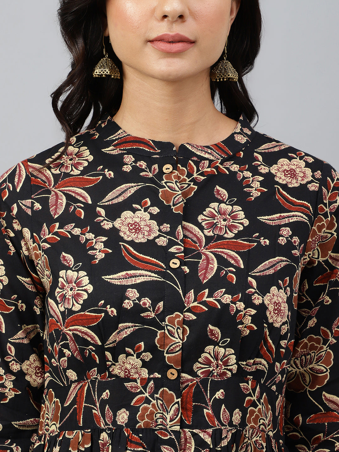 Janasya Women's Black Cotton Floral Printed Flared Western Dress | Swadesiicart