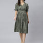 Janasya Women's Olive Cotton Chevron Printed A-line Western Dress | Swadesiicart