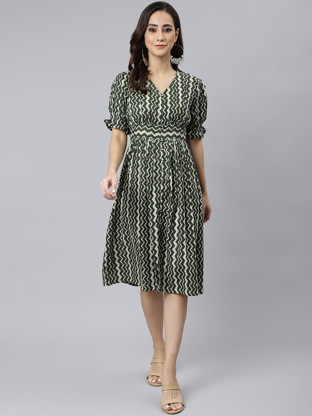 Janasya Women's Olive Cotton Chevron Printed A-line Western Dress | Swadesiicart
