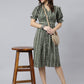 Janasya Women's Olive Cotton Chevron Printed A-line Western Dress | Swadesiicart