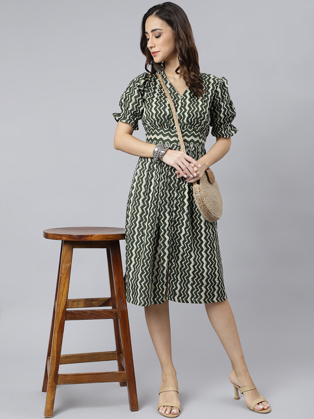 Janasya Women's Olive Cotton Chevron Printed A-line Western Dress | Swadesiicart