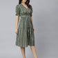 Janasya Women's Olive Cotton Chevron Printed A-line Western Dress | Swadesiicart