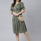 Janasya Women's Olive Cotton Chevron Printed A-line Western Dress | Swadesiicart