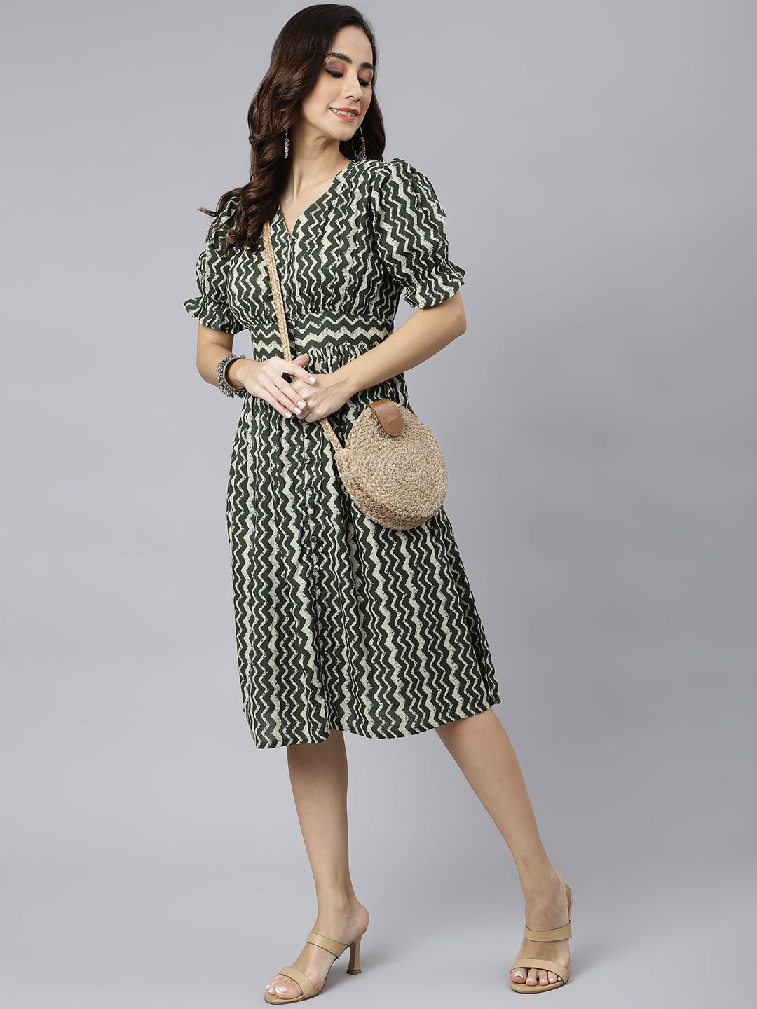 Janasya Women's Olive Cotton Chevron Printed A-line Western Dress | Swadesiicart