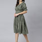 Janasya Women's Olive Cotton Chevron Printed A-line Western Dress | Swadesiicart