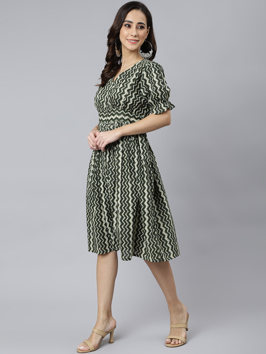 Janasya Women's Olive Cotton Chevron Printed A-line Western Dress | Swadesiicart