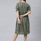 Janasya Women's Olive Cotton Chevron Printed A-line Western Dress | Swadesiicart