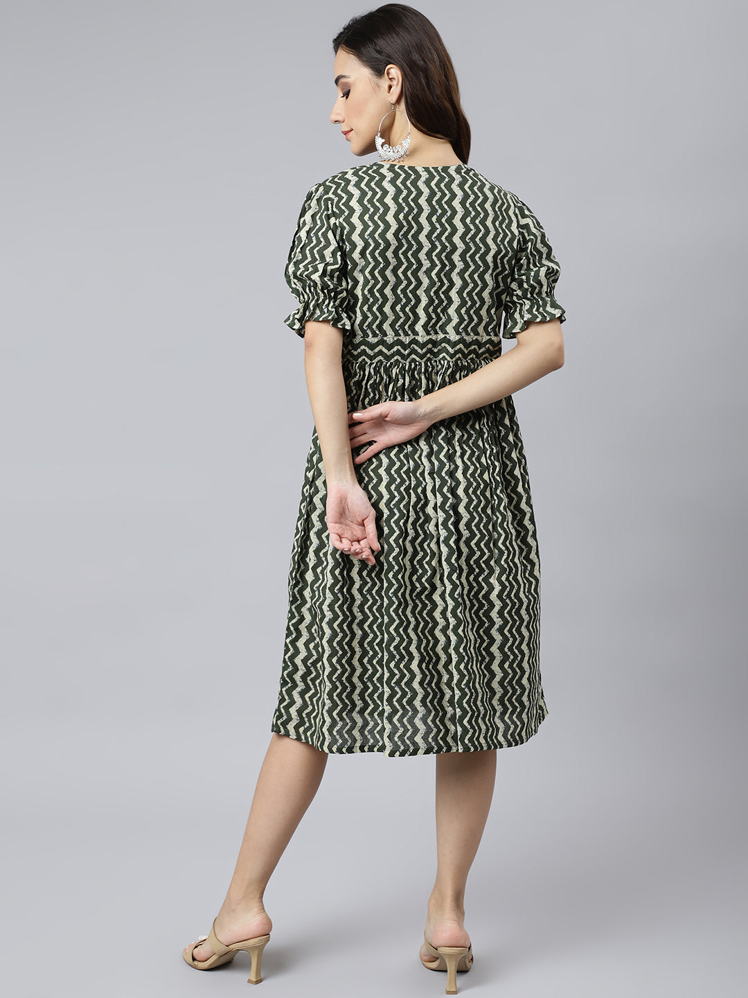 Janasya Women's Olive Cotton Chevron Printed A-line Western Dress | Swadesiicart