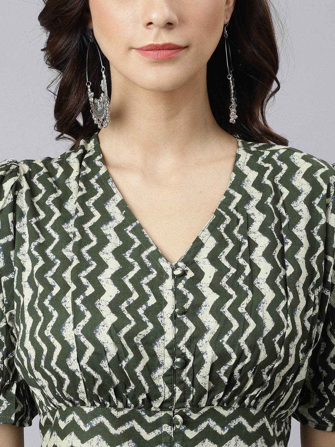 Janasya Women's Olive Cotton Chevron Printed A-line Western Dress | Swadesiicart