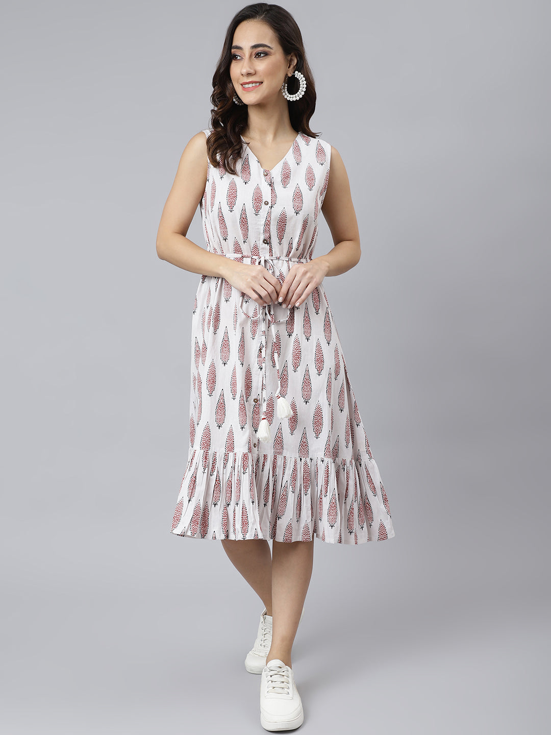 Janasya Women's White Cotton Ethnic Motifs Flared Western Dress | Swadesiicart