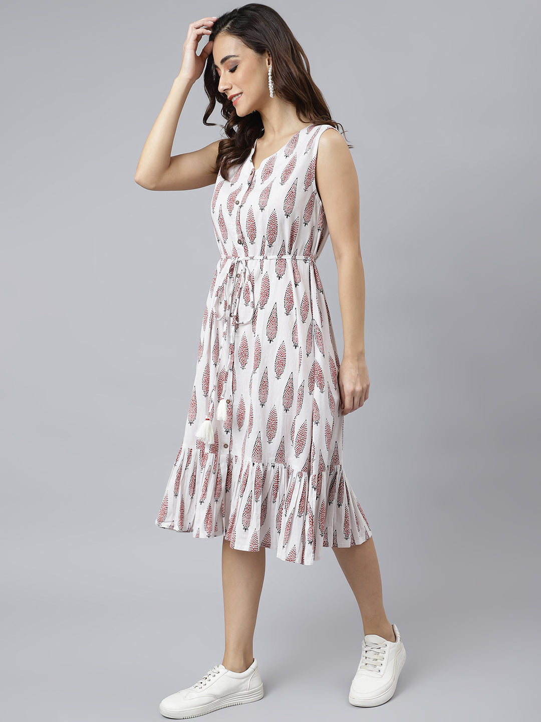 Janasya Women's White Cotton Ethnic Motifs Flared Western Dress | Swadesiicart