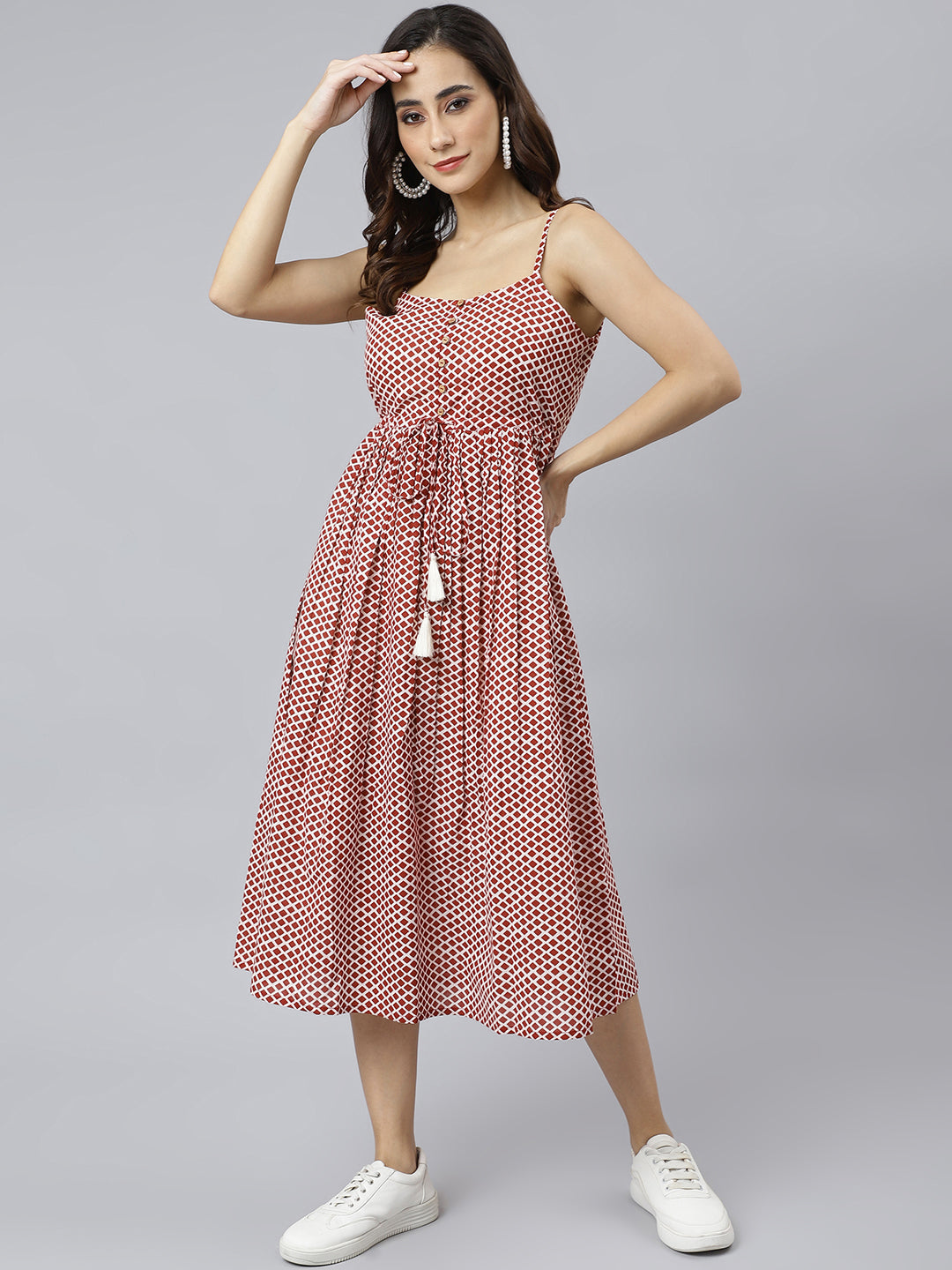 Janasya Women's Red Cotton Shapes Print Flared Western Dress | Swadesiicart