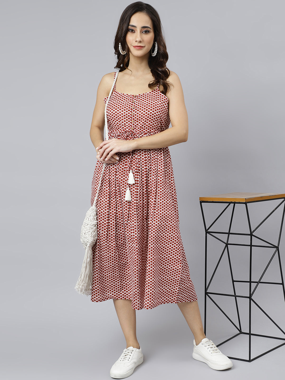 Janasya Women's Red Cotton Shapes Print Flared Western Dress | Swadesiicart