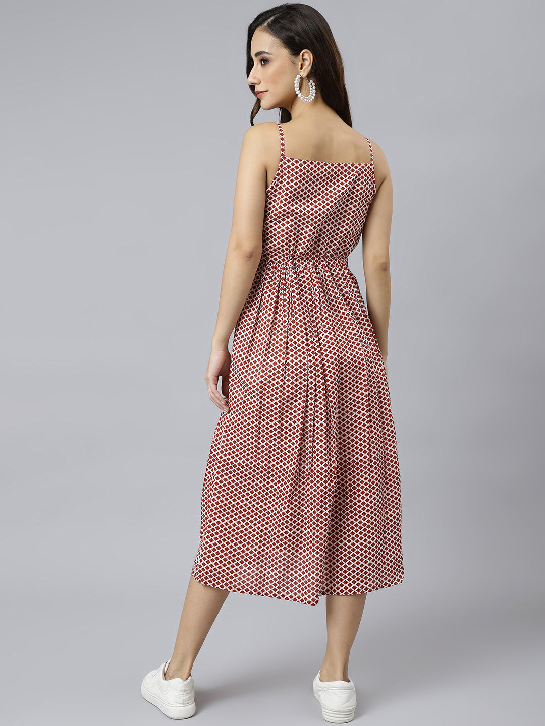 Janasya Women's Red Cotton Shapes Print Flared Western Dress | Swadesiicart