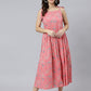 Janasya Women's Pink Cotton Floral Printed Flared Western Dress | Swadesiicart