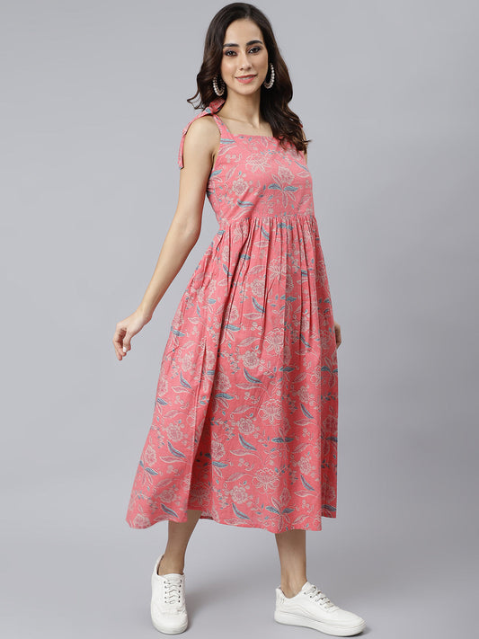 Janasya Women's Pink Cotton Floral Printed Flared Western Dress | Swadesiicart