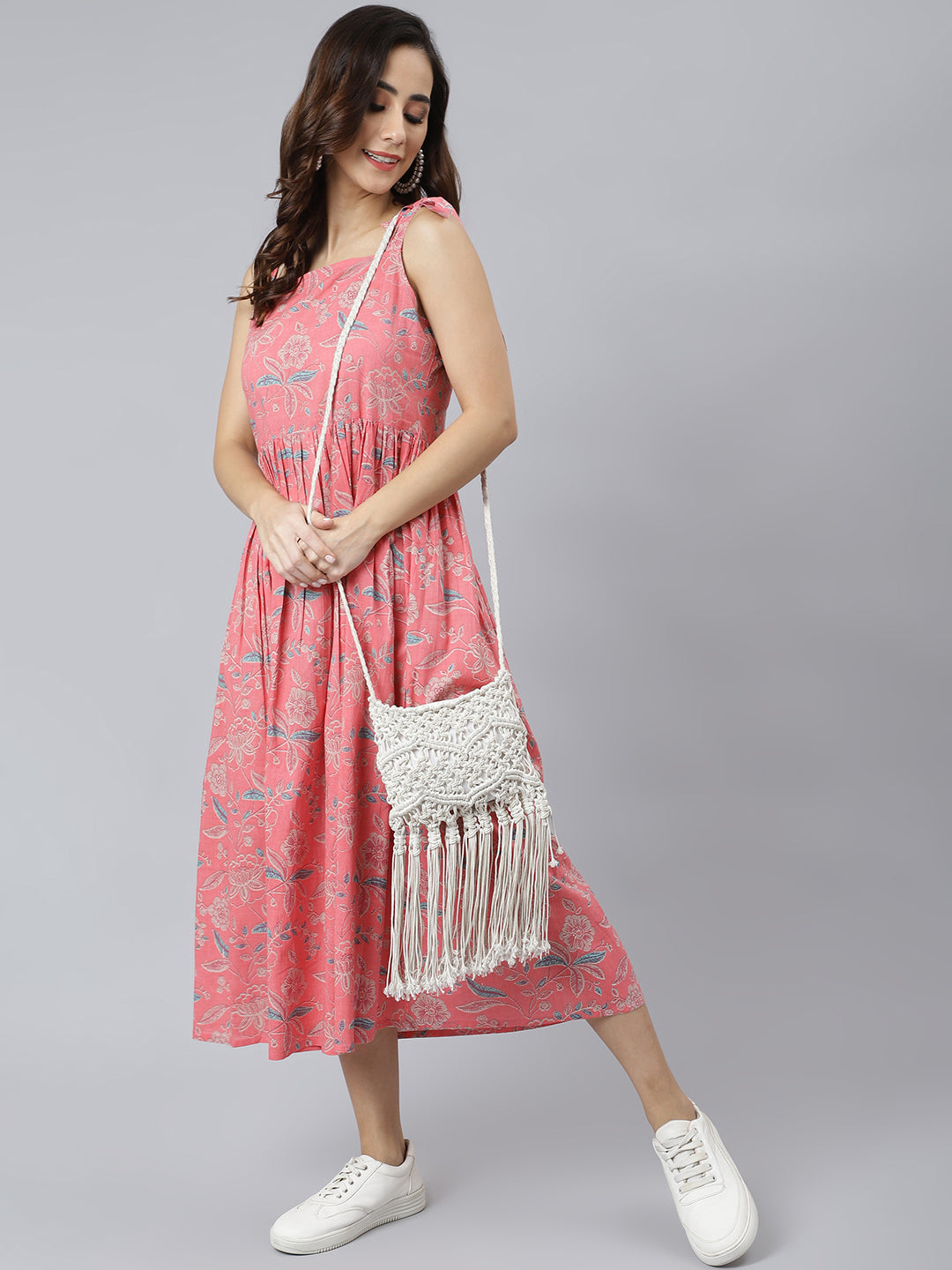 Janasya Women's Pink Cotton Floral Printed Flared Western Dress | Swadesiicart
