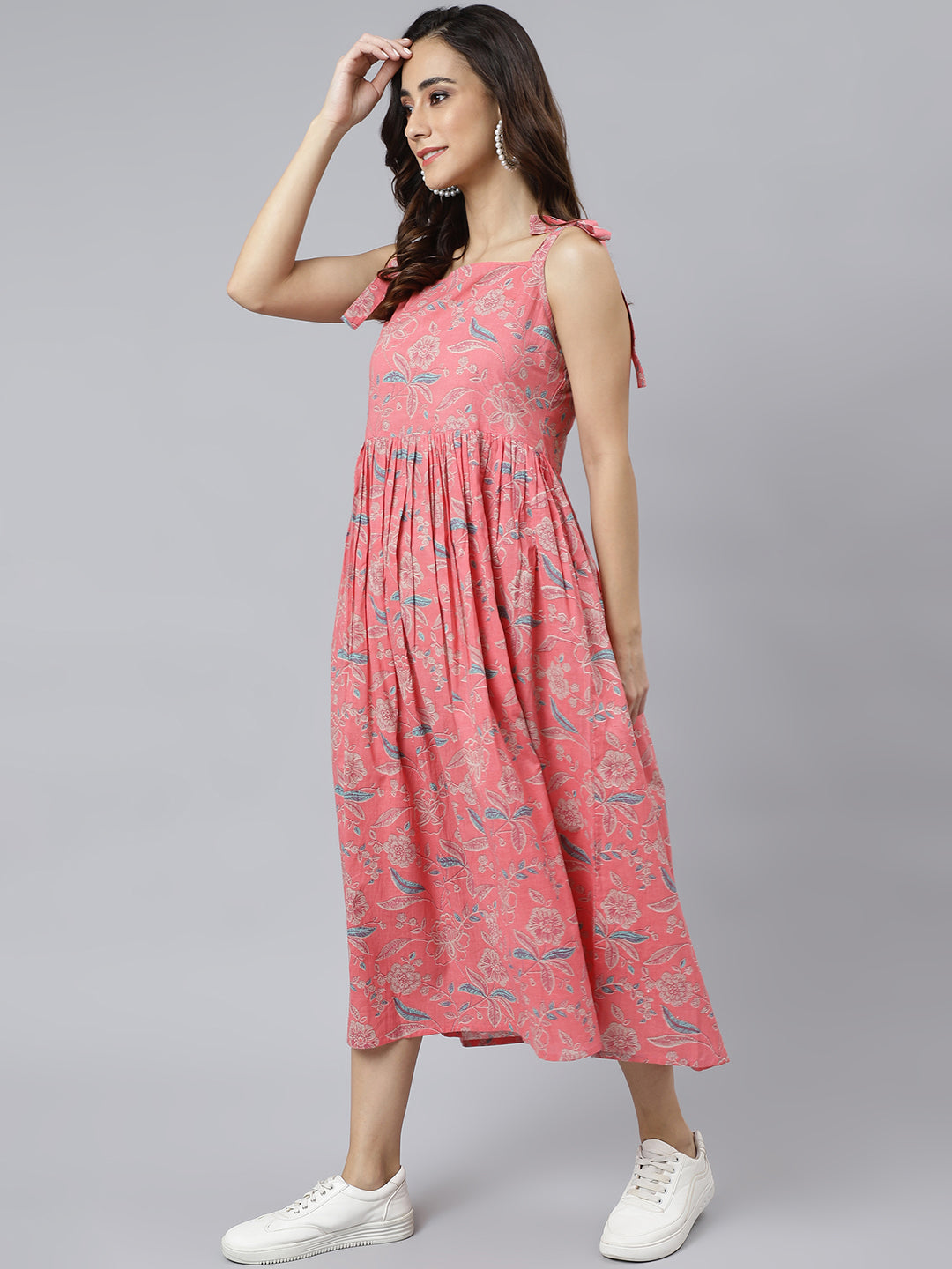 Janasya Women's Pink Cotton Floral Printed Flared Western Dress | Swadesiicart