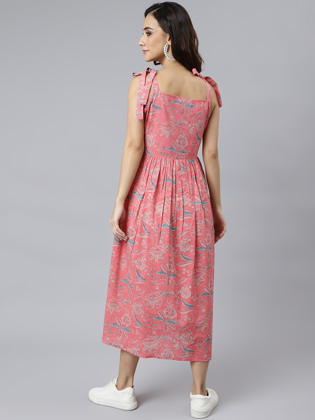 Janasya Women's Pink Cotton Floral Printed Flared Western Dress | Swadesiicart