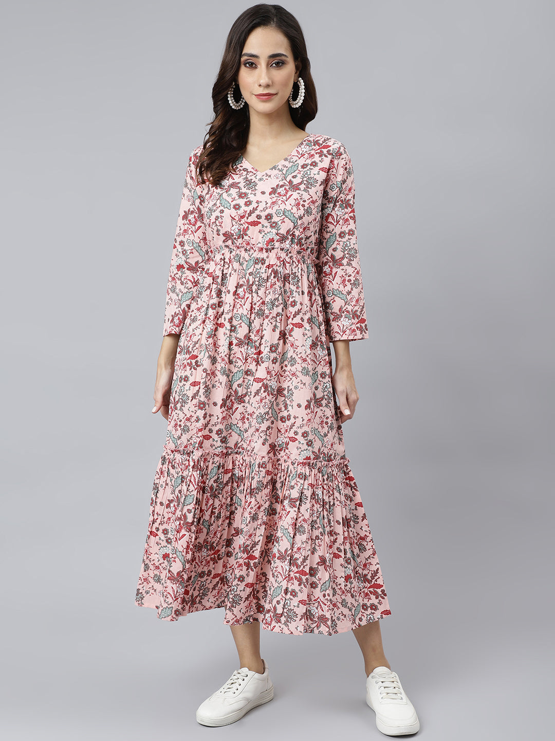 Janasya Women's Peach Cotton Floral Printed Casual Flared kurta - Swadesiicart