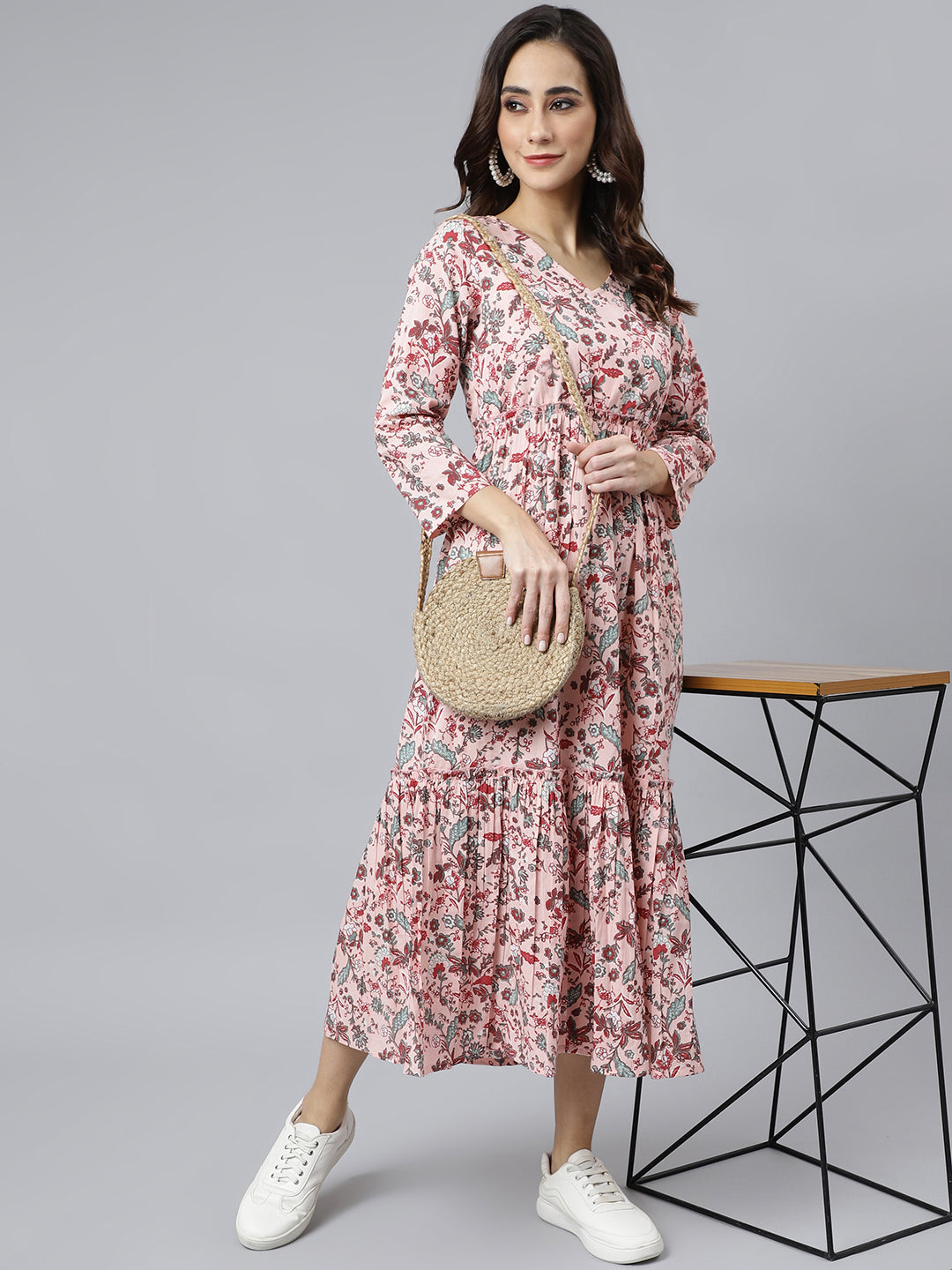 Janasya Women's Peach Cotton Floral Printed Casual Flared kurta - Swadesiicart