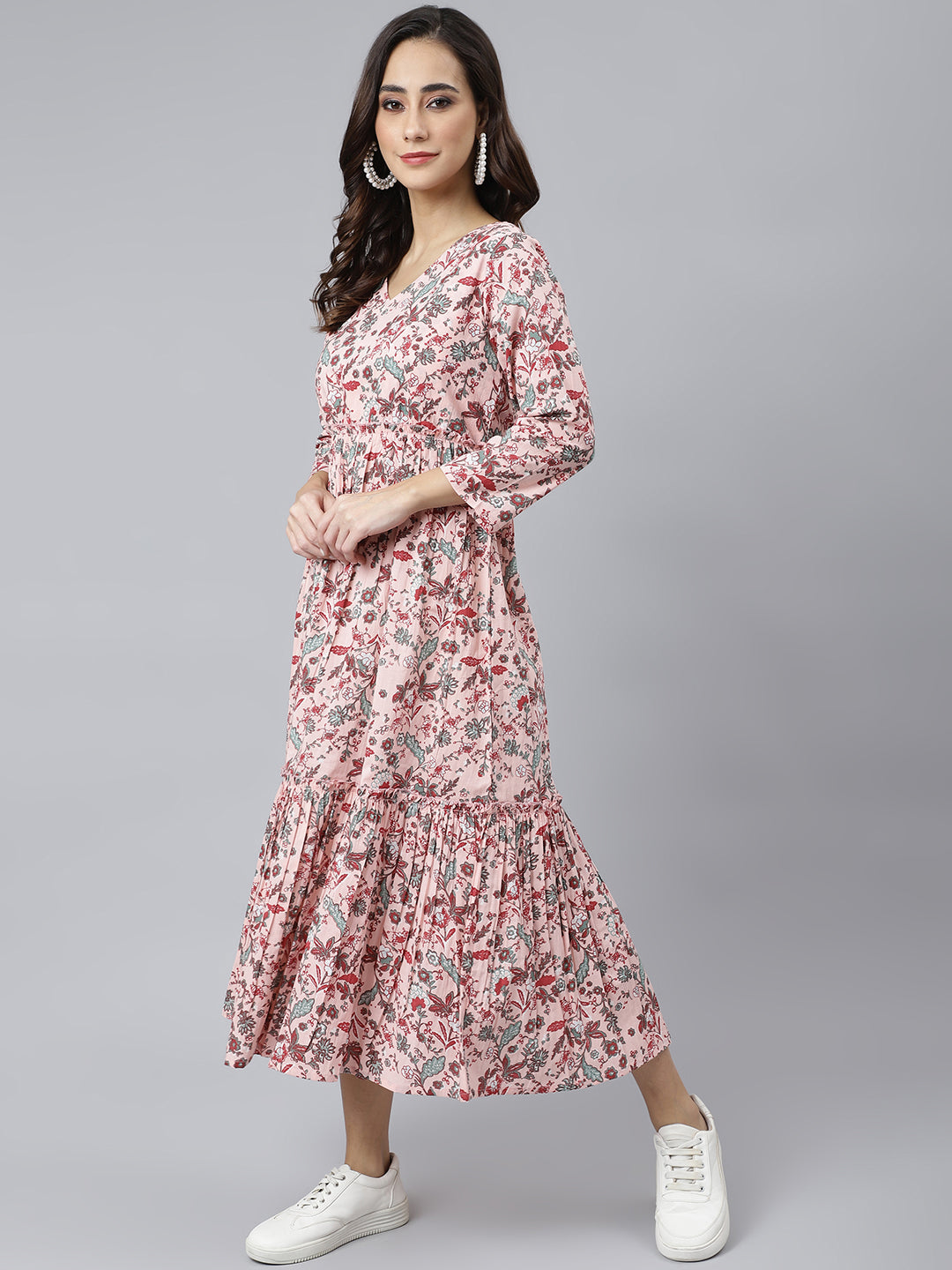 Janasya Women's Peach Cotton Floral Printed Casual Flared kurta - Swadesiicart