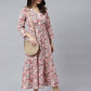 Janasya Women's Peach Cotton Floral Printed Casual Flared kurta - Swadesiicart