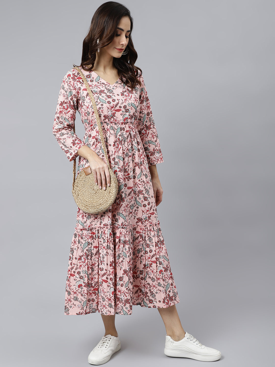 Janasya Women's Peach Cotton Floral Printed Casual Flared kurta - Swadesiicart