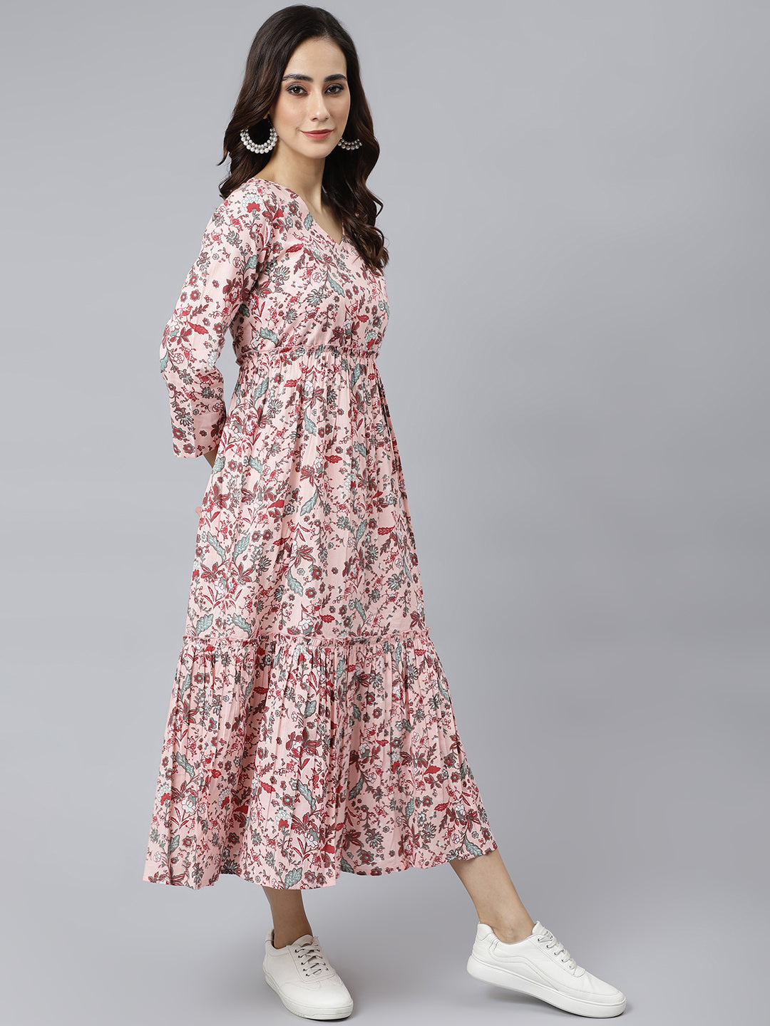 Janasya Women's Peach Cotton Floral Printed Casual Flared kurta - Swadesiicart