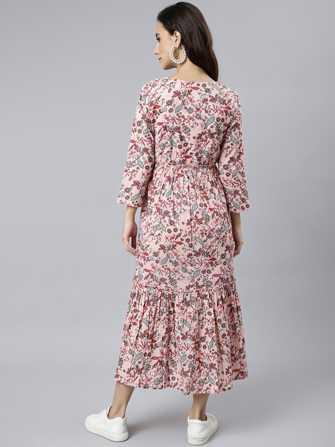 Janasya Women's Peach Cotton Floral Printed Casual Flared kurta - Swadesiicart