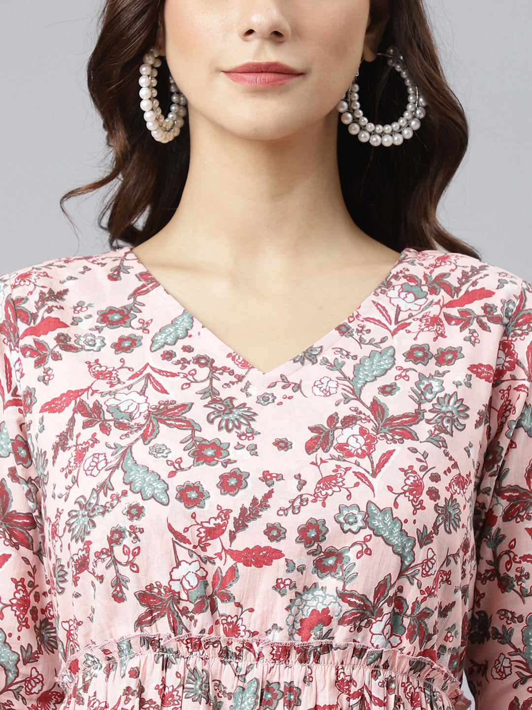 Janasya Women's Peach Cotton Floral Printed Casual Flared kurta - Swadesiicart