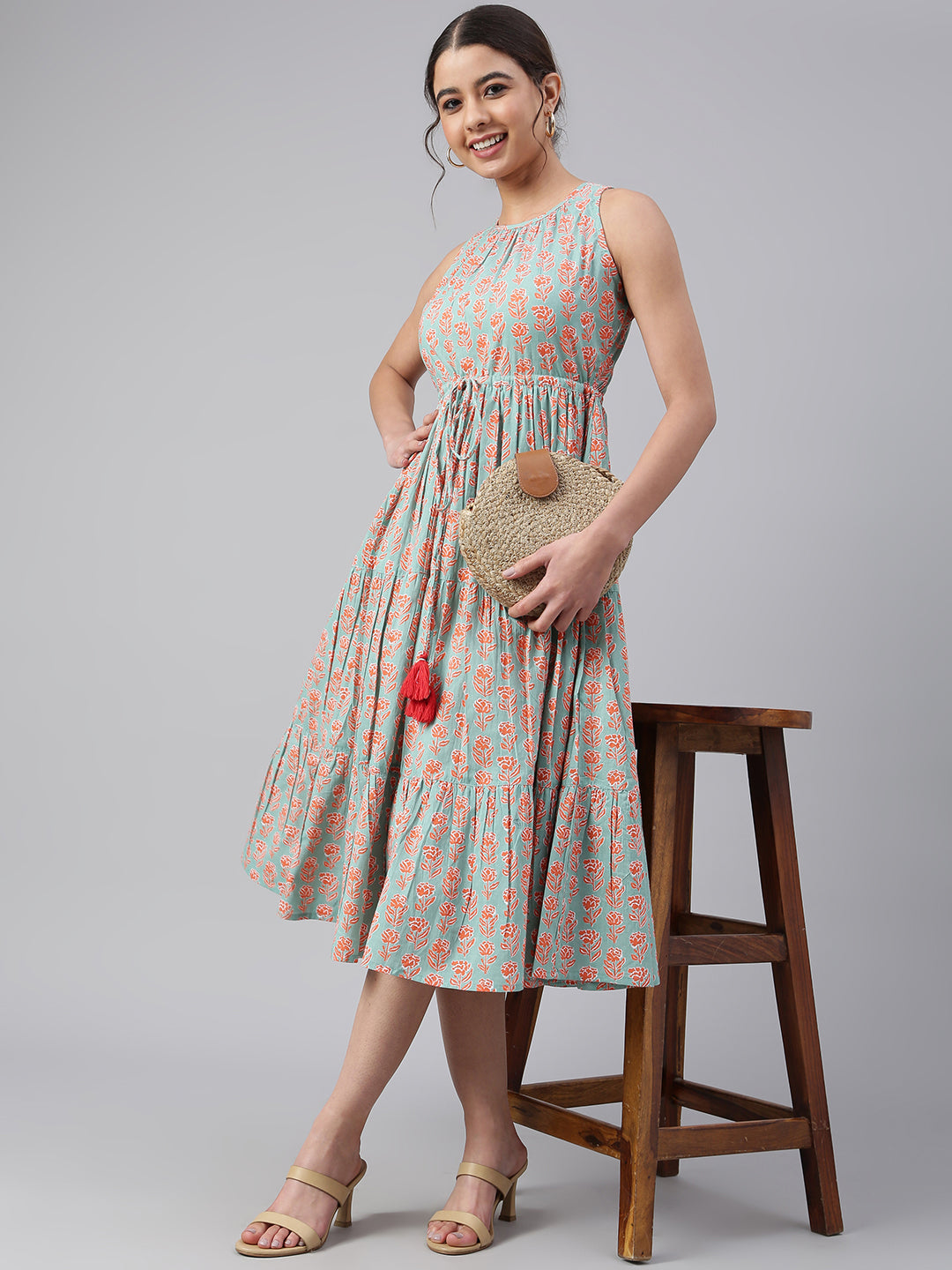 Janasya Women's Mint Green Cotton Floral Printed Tiered Western Dress | Swadesiicart