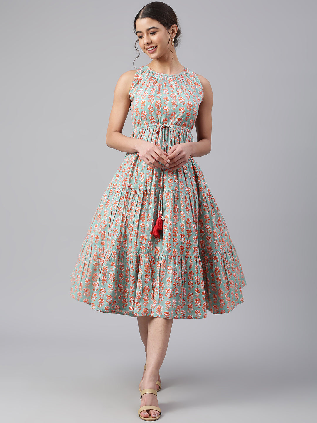 Janasya Women's Mint Green Cotton Floral Printed Tiered Western Dress | Swadesiicart