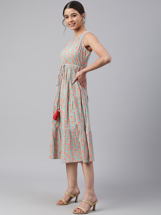 Janasya Women's Mint Green Cotton Floral Printed Tiered Western Dress | Swadesiicart