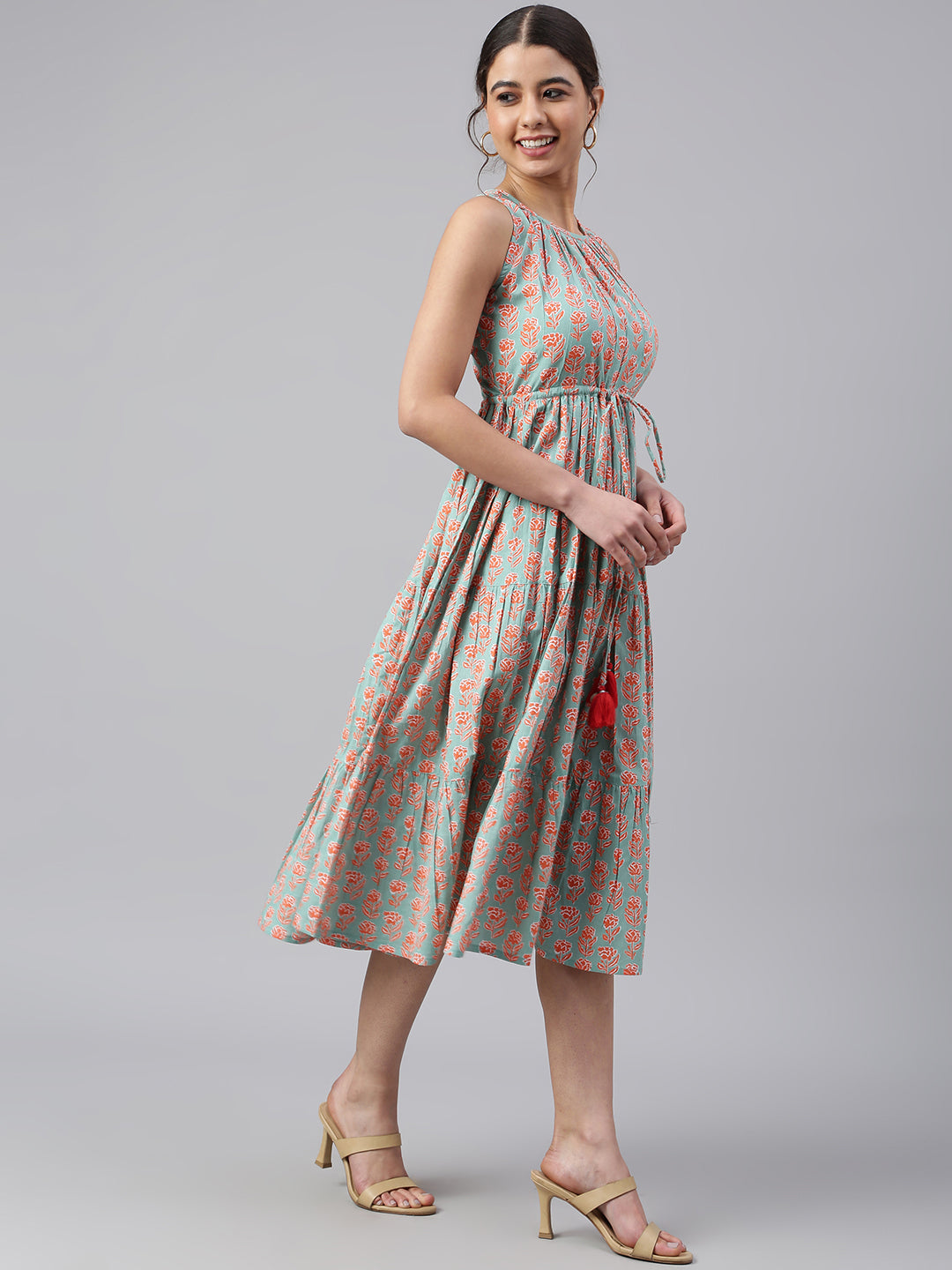 Janasya Women's Mint Green Cotton Floral Printed Tiered Western Dress | Swadesiicart