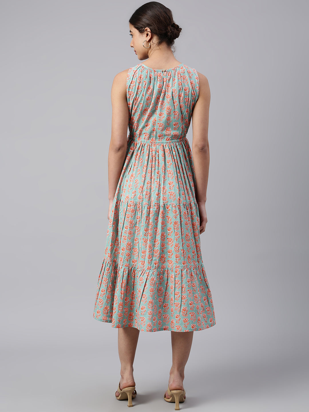 Janasya Women's Mint Green Cotton Floral Printed Tiered Western Dress | Swadesiicart