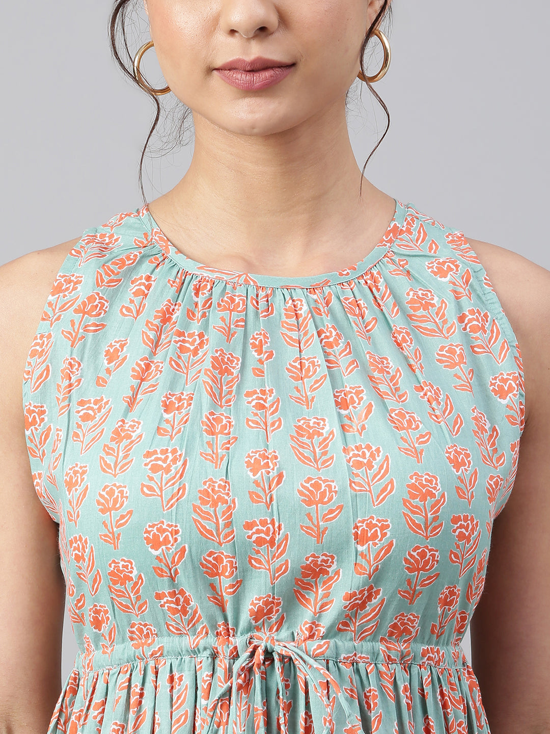 Janasya Women's Mint Green Cotton Floral Printed Tiered Western Dress | Swadesiicart