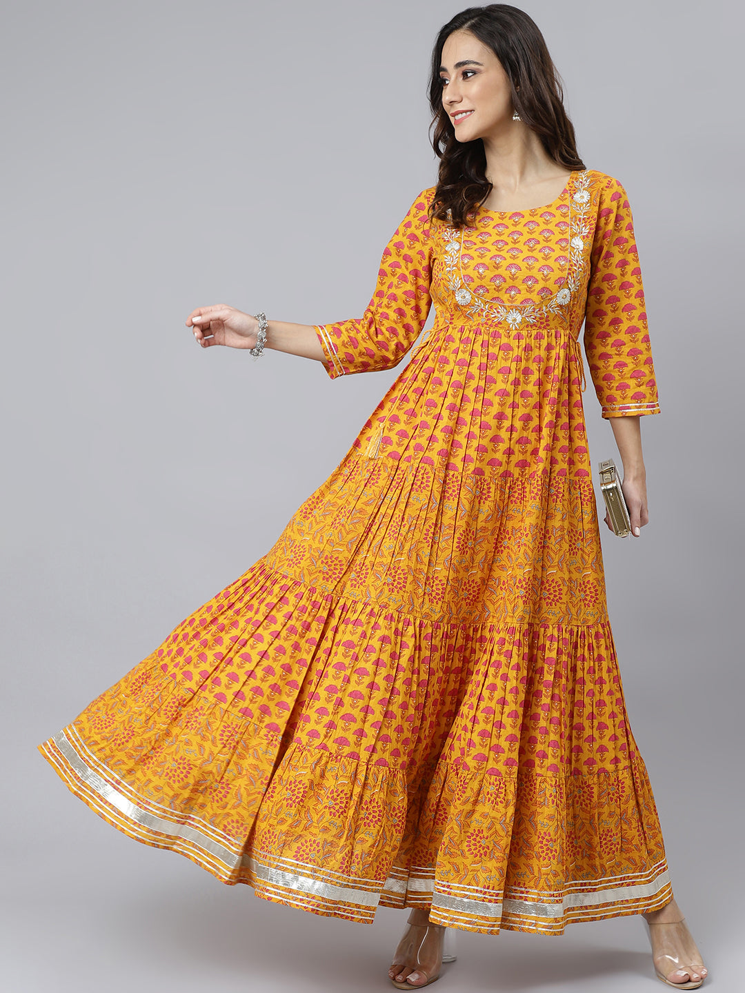 Janasya Women's Mustard Cotton Floral Print Flared Kurta | Swadesiicart