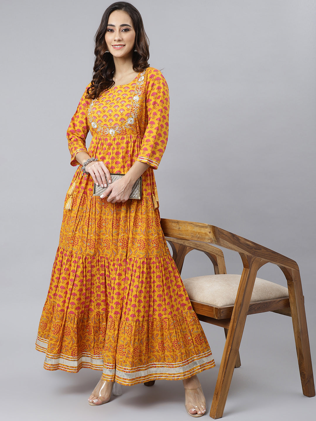 Janasya Women's Mustard Cotton Floral Print Flared Kurta | Swadesiicart
