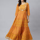 Janasya Women's Mustard Cotton Floral Print Flared Kurta | Swadesiicart