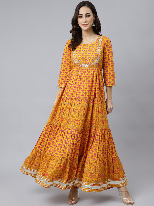 Janasya Women's Mustard Cotton Floral Print Flared Kurta | Swadesiicart