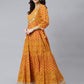 Janasya Women's Mustard Cotton Floral Print Flared Kurta | Swadesiicart